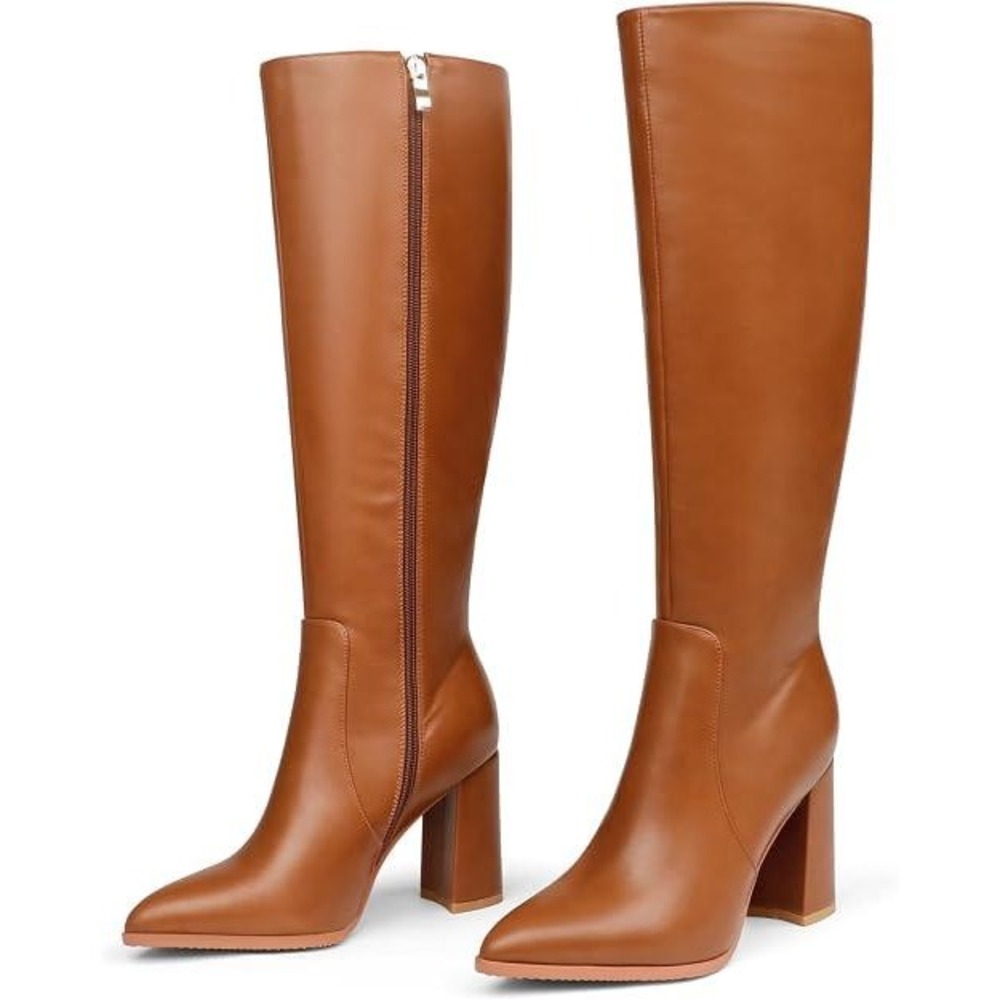 Cognac Brown Pointed Toe Knee High Block Heel Boots Womens Size 8.5